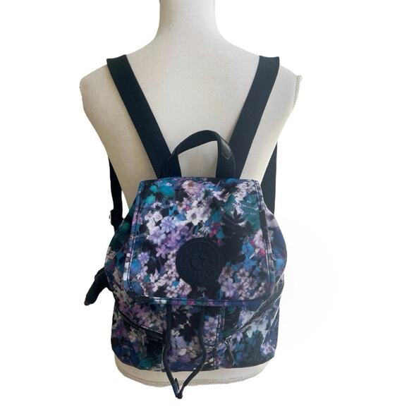 Kipling Vtg Mini Backpack Blue Floral Adjustable Straps Sven Monkey Keychain - Picture 1 of 11